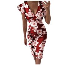 Yubnlvae Dresses For Women, Women Print Maxi Multicolor Print V-Neck Pleated Slit Dress - Red L
