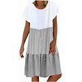 Honhuzh Women Summer Dresses 2024, Casual Loose Stripe Patchwork Round Neck Short Sleeves Dress