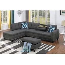 Devion Furniture Fabric Sectional Sofa Couch With Storage Ottoman, Living Room Set, Left Facing Chaise, 2 Cup Holders, 2 Throw Pillows (Gray)
