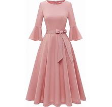 Homrain Women's Elegant Bell Sleeve Cocktail Party Dresses For Wedding Guest Fit And Flare Modest Church Midi Evening Dress