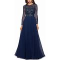 Xscape Women's Sequin Embellished Long Sleeve Chiffon Gown - Navy Blue - Size 10