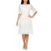 Giovanna Signature Short Sleeve Eyelet Midi Fit + Flare Dress | White | Womens 12 | Dresses Fit + Flare Dresses | Easter Fashion