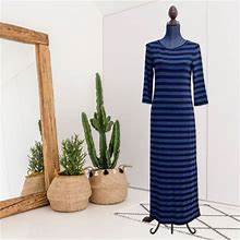 Chico's Womens 00 = Xs Striped 3/4 Sleeve Maxi Dress Stretch Blue