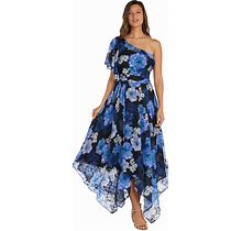 Nightway Women's Hi-Low One Shoulder Floral Print Dress W/Flutter Sleeve & Draped Bodice