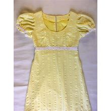 Vintage 1970S Prairie Dress / Handmade Yellow And Cream Cotton Dress / Lace Empire Waist