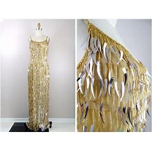 Cattail Sequin Fringe Beaded Gold Gown // Tassel Beaded Silk Full Length Evening Dress // Old Hollywood Glam Sequined Gown Small S