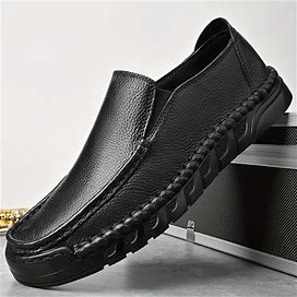 Casual Microfiber Synthetic Leather(Microfiber) Solid Shoes, Men's Breathable Slip On Comfy Walking Driving Office Shoes,Black,Handpicked,Temu