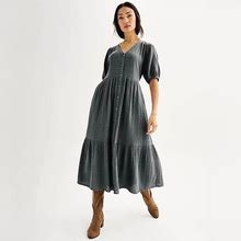 Petite Sonoma Goods For Life® Button-Through Puff Sleeve Midi Dress, Women's, Size: Medium Petite, Dark Grey