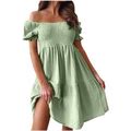 Summer Savings Clearance 2024! Loopsun Womens Summer Dresses, Casual Off-The-Shoulder Short Sleeve Solid Fashion Mini Dress Green