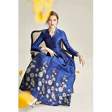 Handmade Floral Jacquard Navy Blue A-Line Mother Of The Bride Dress, Mother Of The Groom Dress In Long Sleeves