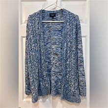 Lands' End Sweaters | Lands' End Drifter Cable Knit Front Cardigan 100% Cotton Blue Marble Women Sz L | Color: Blue | Size: L