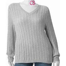 Womens Sweater Croft & Barrow Silver Lurex Cable Knit V-Neck Long Sleeve-Sz XS