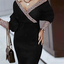 Leopard Print V-Neck Dress, Women's Contrast Trim Elegant Women's Clothing Long Sleeve Dress,Black,Handpicked,Temu
