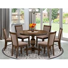 East West Furniture Ferris 7 Piece Kitchen Set Consist Of A Round Table With Pedestal And 6 Coffee Linen Fabric Parson Dining Chairs, 48X48 Inch,