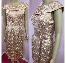 Vintage 50S Pink Embroidered Wiggle Dress. Beaded & Rhinestones Shawl Collar By Richtone NY. Small