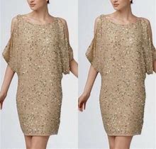Marina Gold Sequin Flutter Sleeve Short Dress Formal Evening Gown