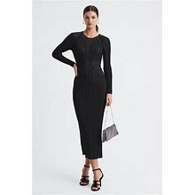 Reiss Ida - Black Sheer Striped Bodycon Midi Dress, M