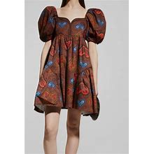 $1095 Autumn Adeigbo Women's Brown Leilani Heart Puffed Sleeve Mini Dress Size 8