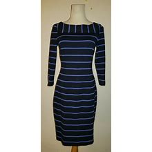 Talbots Petites Sz 2P Sheath Dress Ponte Knit Blue Stripes 3/4 Sleeves