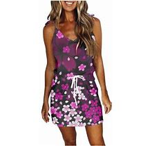 Women Summer Dresses Beach Spaghetti Strap V-Neck Floral Sundress Mini Belt Dress Casual Boho Dress With Pockets