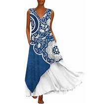 Sayhi Women Casual Dress Boho Print Sleeveless Loose Pockets V-Neck Long Dress Chiffon Women Dresses Casual Summer