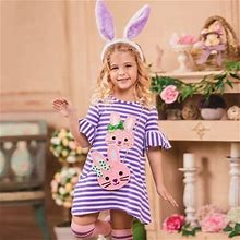 Mialoley Little Girls Summer Dress, Striped Cute Bunny Printed Ruffle Short Sleeve O-Neck Dress, Girls Knee-Length Casual One-Piece