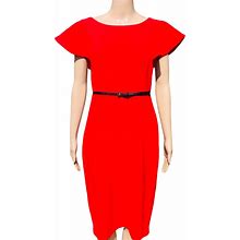 Calvin Klein Dresses | Calvin Klein Red Dress With Ruffle Wave Type Sleeves And Belt Sz 6 | Color: Black/Red | Size: 6