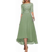 FEOLATE Women Lace Mother Of The Bride Wedding Tea Length Formal Dress Evening Gown With Sleeves