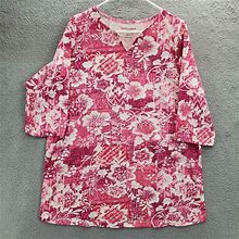 Woman Within Tops | Woman Within Tunic Shirt Three-Quarter Sleeve Notch-Neck Plus Size 18/20 Floral | Color: Pink/White | Size: 18