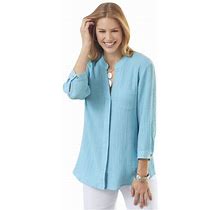 Gauze Double Cloth Hidden Placket Tunic Top, Cotton, Button Front In Beachglass Size 3X By Northstyle Catalog