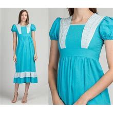 70S Blue & White Prairie Dress Girls Size 12 | Vintage Children's Boho Puff Sleeve Maxi Dress