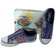 Ed Hardy Shoes | Ed Hardy Sneakers Girls Kids Shoes Size 2 Purple Canvas Sparkle Slip On Fashion | Color: Purple/White | Size: 2G