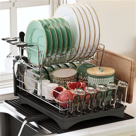 Qienrrae Dish Drying Rack, 2 Tier Large Rack And Drainboard Set With Swivel  Spout, Stainless Steel Drainer For Kitchen Counter Wine Glass Holder
