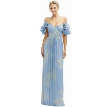 Womens Dramatic Ruffle Edge Convertible Strap Metallic Pleated Maxi Dress With Floral Gold Foil Print - Larkspur Gold Foil