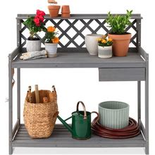 Best Choice Products Outdoor Wooden Garden Potting Bench, Workstation Table W/ Cabinet Drawer, Open Shelf - Gray