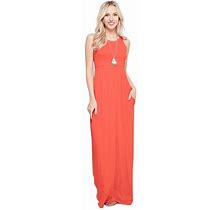 Maxi Dresses For Women Solid Lightweight Long Racerback Sleeveless W/ Pocket -Coral (3X)