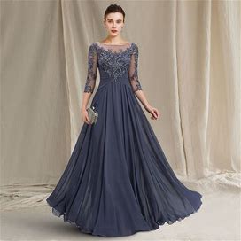 A-Line Mother Of The Bride Dress Elegant Jewel Neck Floor Length Chiffon Lace 3/4 Length Sleeve With Pleats Appliques 2022 Ocean Blue US 24W / UK 28 /