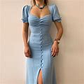 Women's Elegant V Neck Single A Line Midi Dress For Office And Daily Wear Women's Casual Dress Blue L