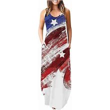Ernkv Women's Maxi Loose Dress With Pocket Clearance Tie Dye Star Print Fashion July 4th Clothing Summer Patriotic Sundress Sleeveless Scoop Neck Leis