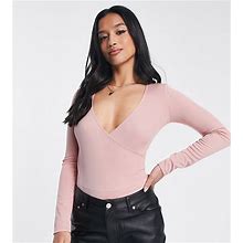 Flounce London Petite Wrap Ribbed Body In Blush-Pink - Pink (Size: 0)