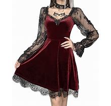 LANSHULAN Lace Long Sleeve Dress Red Draped Bodycon Goth Vintage Dresses Clothes
