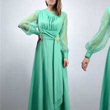 Sheer Sleeve Gown, 1970S Mint Green Maxi Dress - M/L