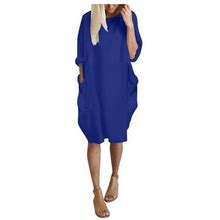 Yubnlvae Dresses For Women's Pocket Loose Dress Ladies Round Neck Casual Knee-Length Dress - Blue Xxl