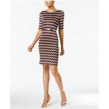 Connected Apparel $79 Womens New Burgundy Chevron Belted 1/2 Sleeve Dress 10 B+B