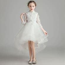 High Low Ivory Beaded Lace Applique Tulle Flower Girl Dress With Sleev
