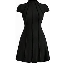 Milumia Women's Ribbed Knit Cap Sleeve Mock Neck Dress Fit Flare A Line Short Dresses
