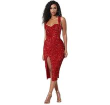Women's Sequined Skinny Sheath Suspender Dress High Slit Evening Party