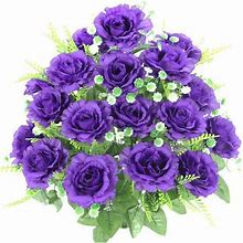 18 Stems Artificial Full Blooming Rose With Greenery Flower Bush, Beauty/Peach, Purple, Artificial Flowers, By Admired By Nature