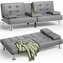 Geroboom Faux Leather Upholstered Modern Convertible Folding Futon Sofa Bed With Removable Armrests Adjustable Recliner Couch Bed Loveseat With 2 Cup