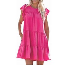 Womens Summer Dress Short Ruffle Sleeve Round Neck Mini Dress Solid Loose Fit Short Flowy Tiered Babydoll Beach Dress